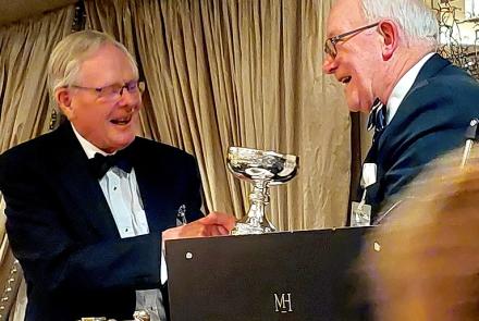 Peter Haden (Irish Cruising Club, left), of Ballyvaughan on Galway Bay, becomes the inaugural awardee of the Friendship Cup from Bob Medland of the Cruising Club of America at the ICC Annual Dinner in Cork